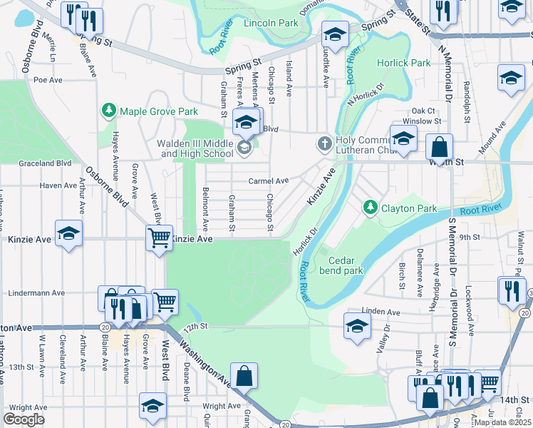 map of restaurants, bars, coffee shops, grocery stores, and more near 912 Chicago Street in Racine