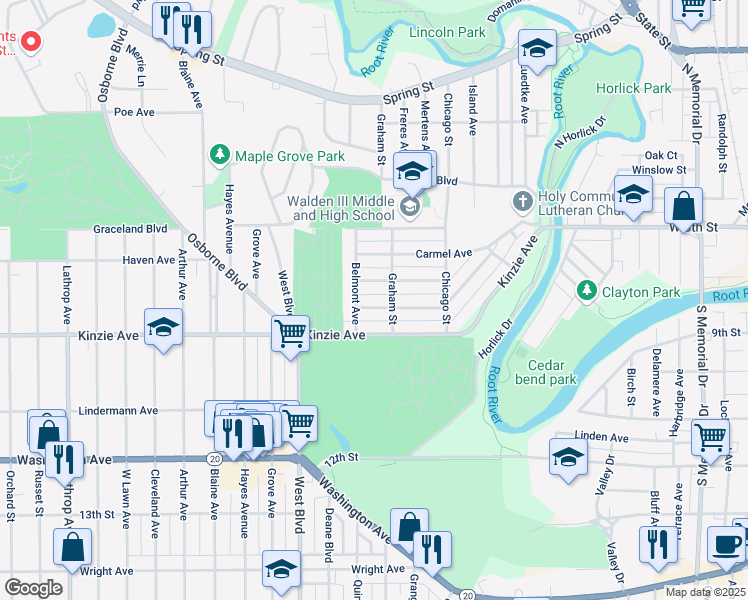 map of restaurants, bars, coffee shops, grocery stores, and more near 2420 Kinzie Avenue in Racine
