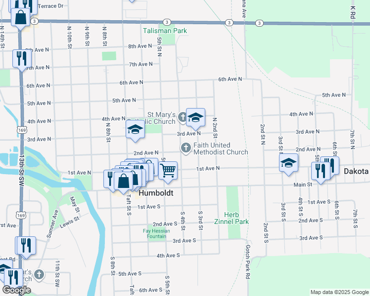 map of restaurants, bars, coffee shops, grocery stores, and more near 100-198 North 3rd Street in Humboldt