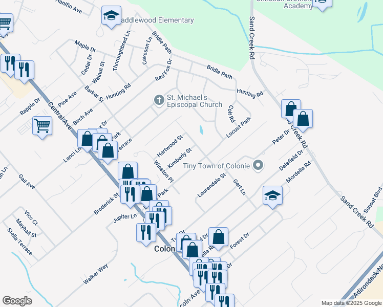 map of restaurants, bars, coffee shops, grocery stores, and more near 54 Locust Park in Colonie