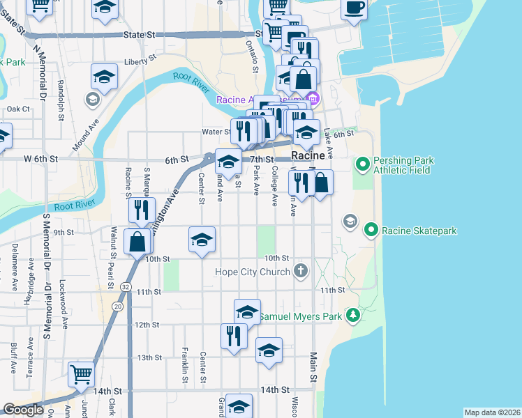 map of restaurants, bars, coffee shops, grocery stores, and more near 846 Park Avenue in Racine