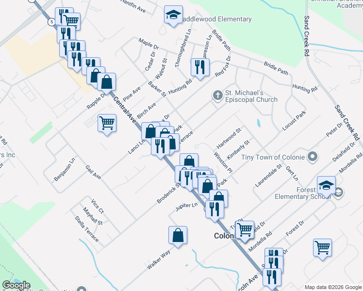 map of restaurants, bars, coffee shops, grocery stores, and more near 1673 Central Avenue in Albany