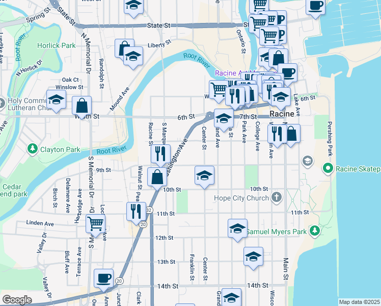 map of restaurants, bars, coffee shops, grocery stores, and more near 815 8th Street in Racine