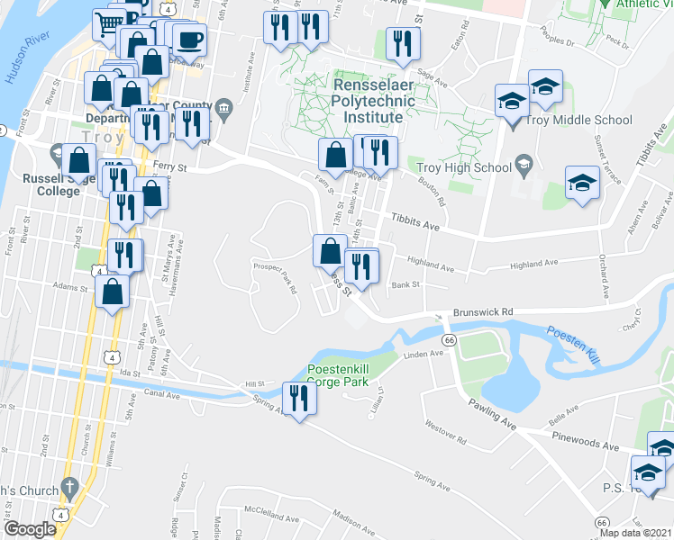 map of restaurants, bars, coffee shops, grocery stores, and more near 341 Congress Street in Troy