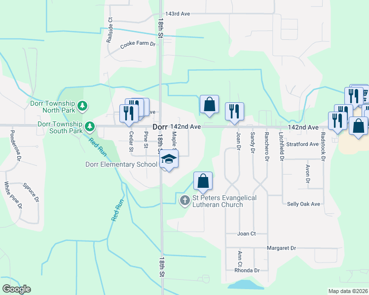 map of restaurants, bars, coffee shops, grocery stores, and more near 4191 Maple Street in Dorr