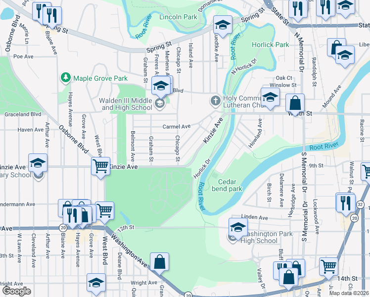 map of restaurants, bars, coffee shops, grocery stores, and more near 2159 Clarence Avenue in Racine