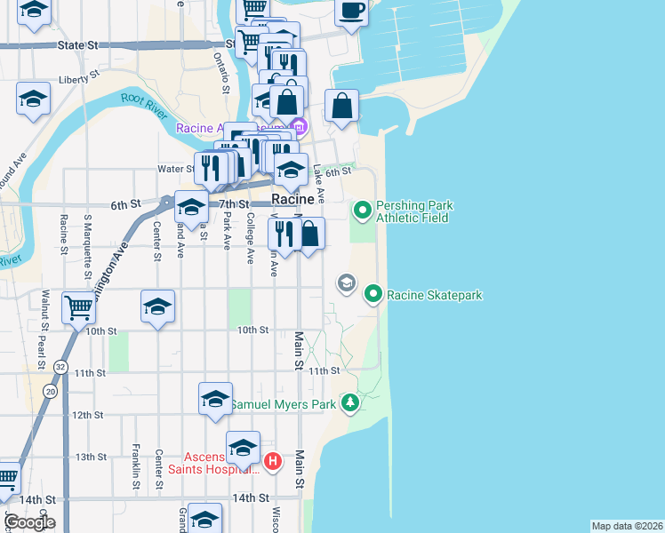 map of restaurants, bars, coffee shops, grocery stores, and more near 823 Lake Avenue in Racine