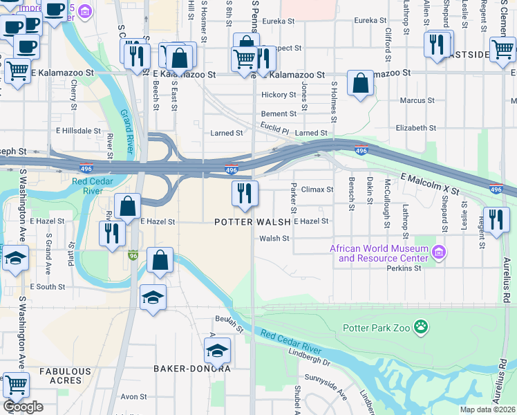map of restaurants, bars, coffee shops, grocery stores, and more near 1002 Morgan Street in Lansing