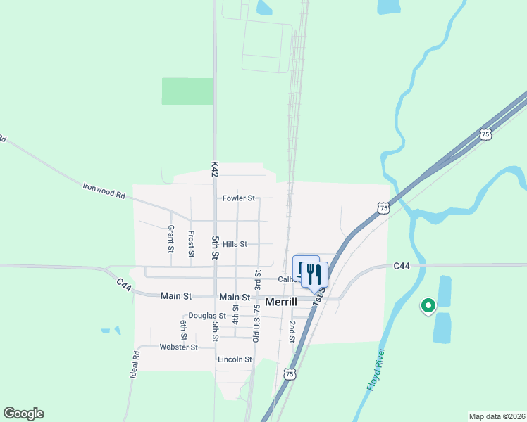 map of restaurants, bars, coffee shops, grocery stores, and more near 201 Fowler Street in Merrill
