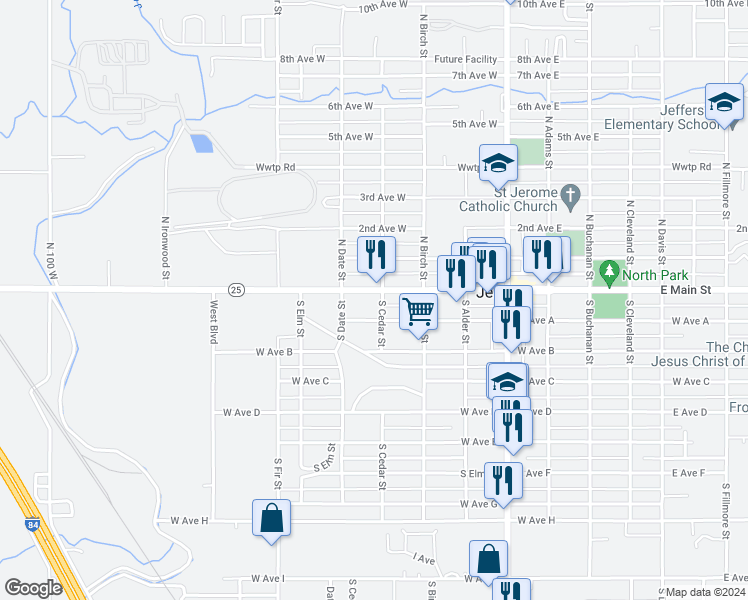 map of restaurants, bars, coffee shops, grocery stores, and more near 350 West Main Street in Jerome
