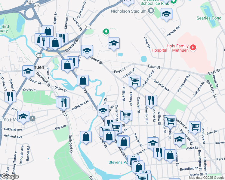 map of restaurants, bars, coffee shops, grocery stores, and more near 96 Brown Street in Methuen