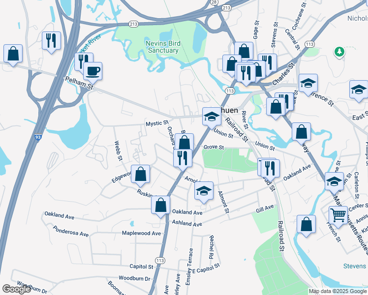 map of restaurants, bars, coffee shops, grocery stores, and more near 15 Barker Street in Methuen