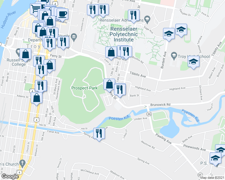 map of restaurants, bars, coffee shops, grocery stores, and more near 1 14th Street in Troy