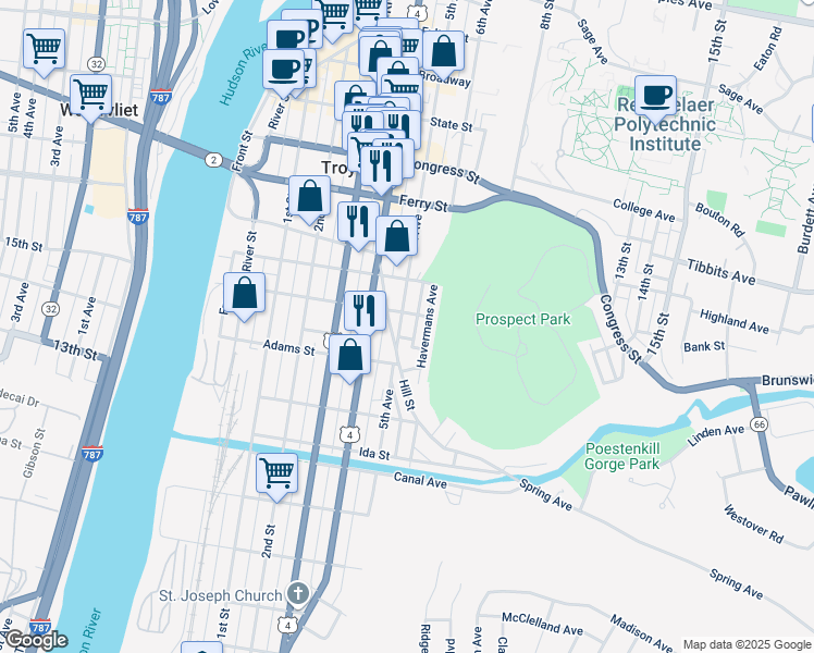 map of restaurants, bars, coffee shops, grocery stores, and more near 1306 5th Avenue in Troy