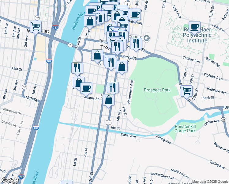 map of restaurants, bars, coffee shops, grocery stores, and more near 230 U.S. 4 in Troy
