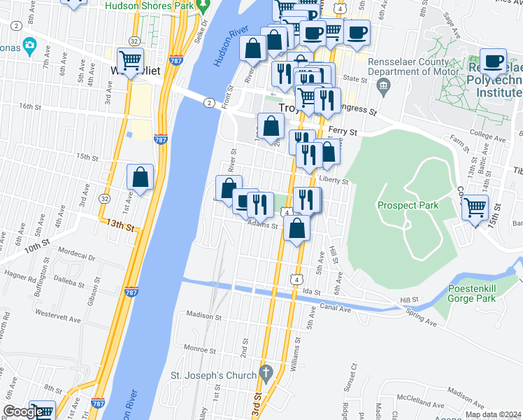 map of restaurants, bars, coffee shops, grocery stores, and more near 183 2nd Street in Troy
