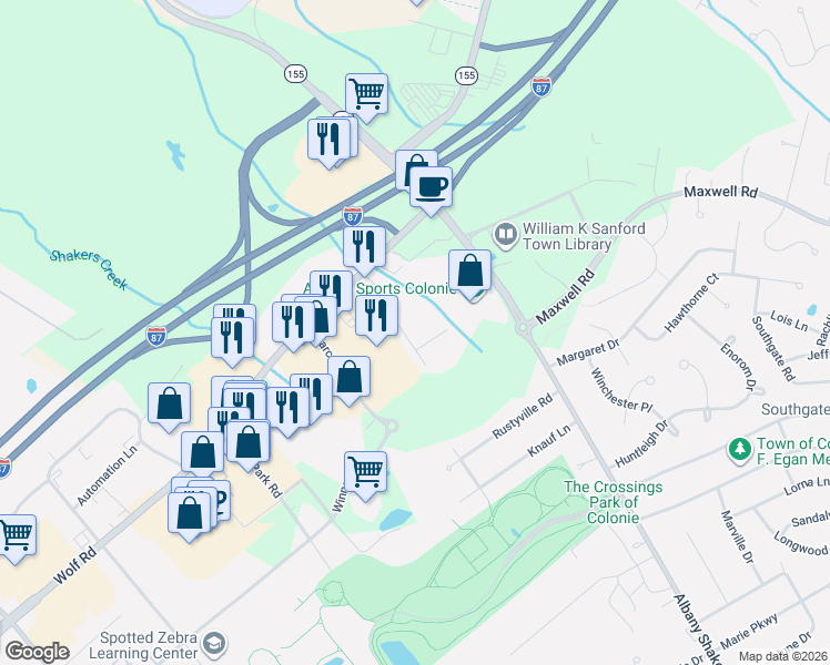 map of restaurants, bars, coffee shops, grocery stores, and more near 10 Ulenski Drive in Albany