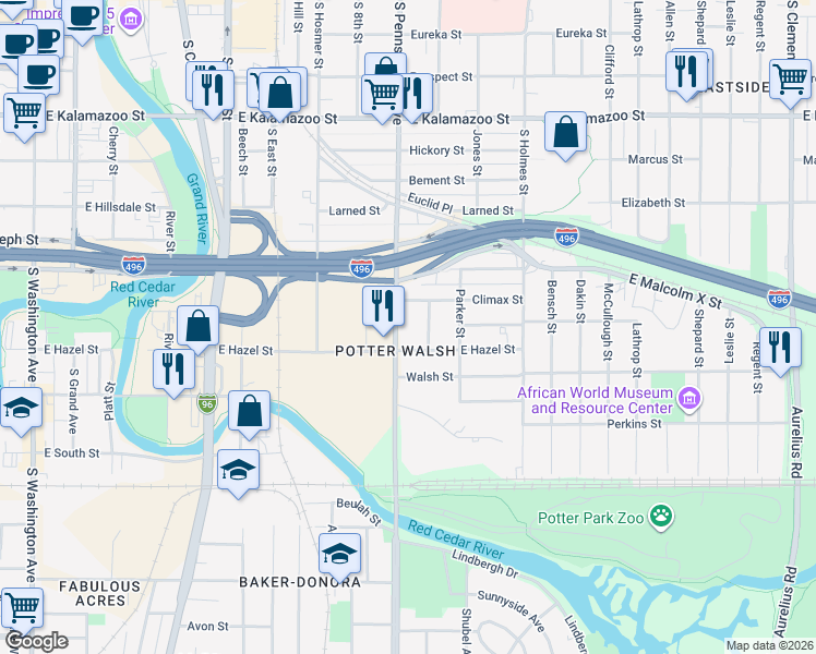 map of restaurants, bars, coffee shops, grocery stores, and more near 1002 Morgan Street in Lansing