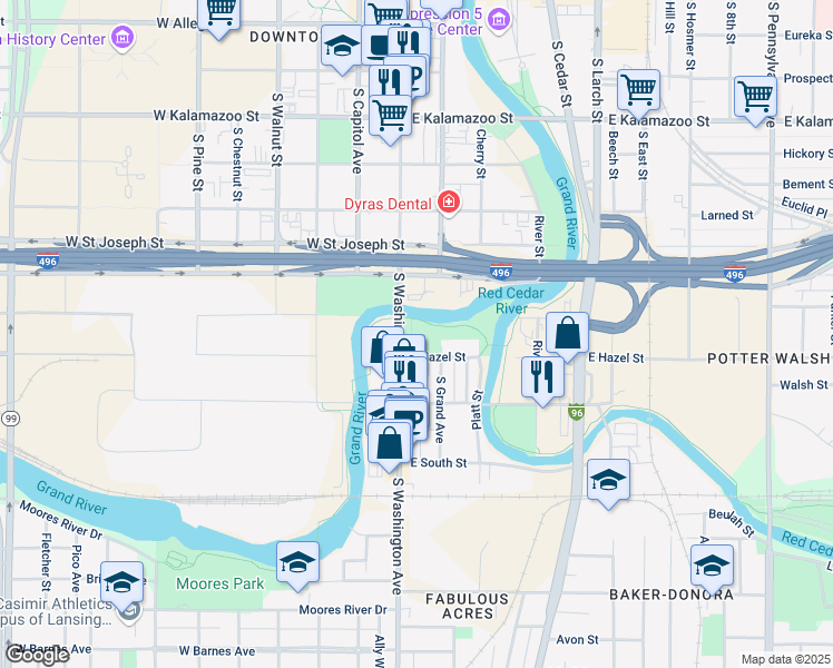 map of restaurants, bars, coffee shops, grocery stores, and more near 112 Malcolm X Street in Lansing
