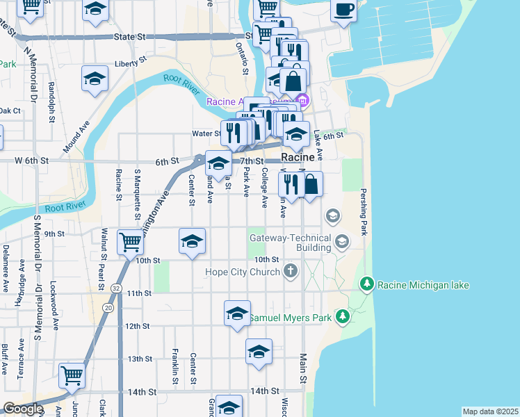 map of restaurants, bars, coffee shops, grocery stores, and more near 801 College Avenue in Racine