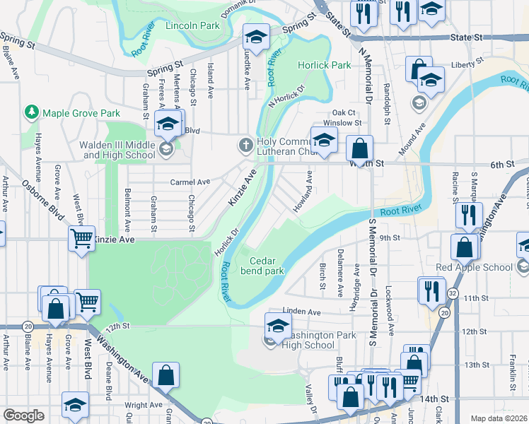 map of restaurants, bars, coffee shops, grocery stores, and more near 83 Riverside Drive in Racine