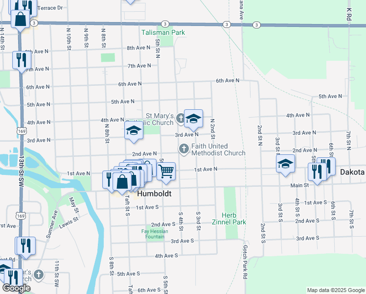 map of restaurants, bars, coffee shops, grocery stores, and more near 300-334 3rd Avenue North in Humboldt