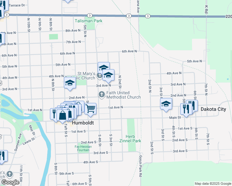 map of restaurants, bars, coffee shops, grocery stores, and more near 200-298 3rd Avenue North in Humboldt