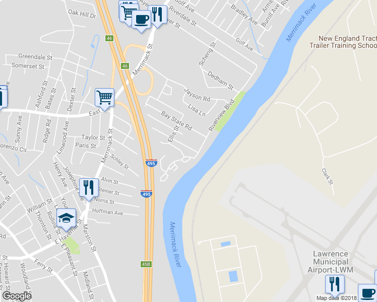 map of restaurants, bars, coffee shops, grocery stores, and more near 191 Merrimack Road in Methuen
