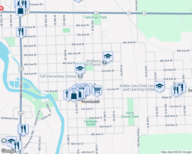 map of restaurants, bars, coffee shops, grocery stores, and more near 200-298 5th St N in Humboldt