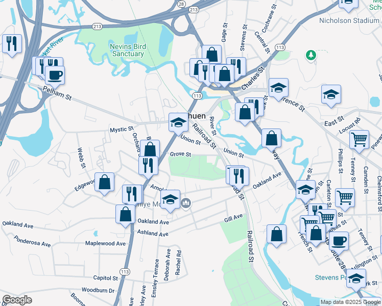 map of restaurants, bars, coffee shops, grocery stores, and more near 21 Grove Street in Methuen