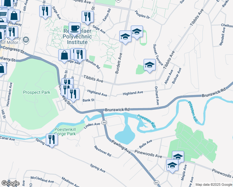 map of restaurants, bars, coffee shops, grocery stores, and more near 11 Bleeker Avenue in Troy