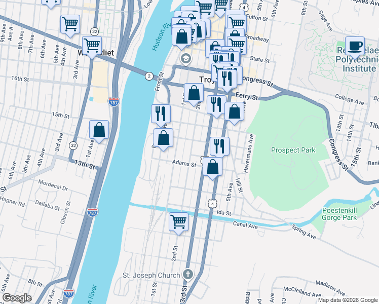 map of restaurants, bars, coffee shops, grocery stores, and more near 183 2nd Street in Troy