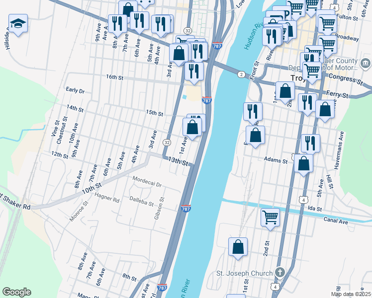 map of restaurants, bars, coffee shops, grocery stores, and more near 8 14th Street in Watervliet