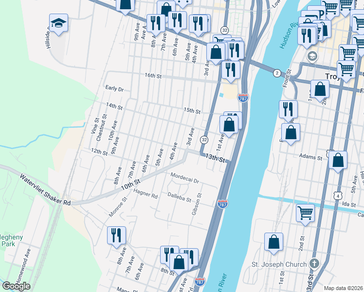 map of restaurants, bars, coffee shops, grocery stores, and more near 1323 4th Avenue in Watervliet