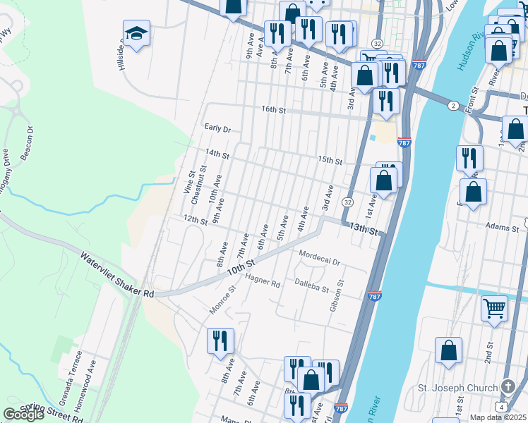 map of restaurants, bars, coffee shops, grocery stores, and more near 607 13th Street in Watervliet