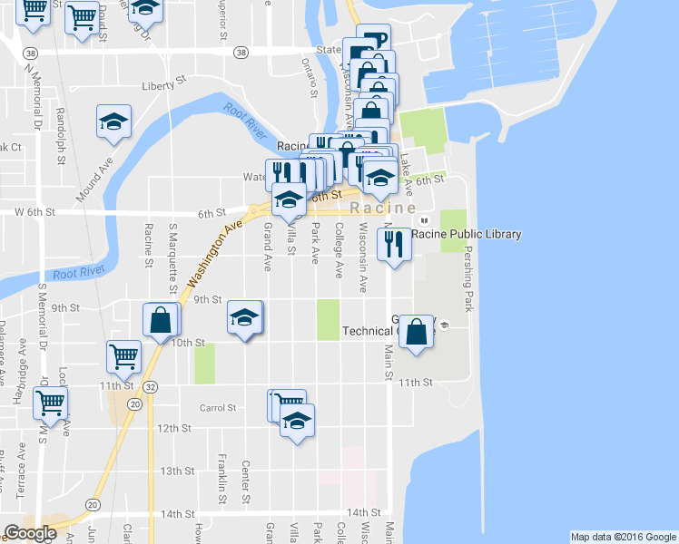 map of restaurants, bars, coffee shops, grocery stores, and more near 801 College Avenue in Racine