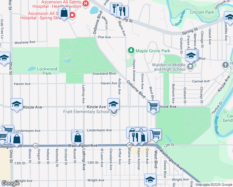map of restaurants, bars, coffee shops, grocery stores, and more near 715 Cleveland Avenue in Racine