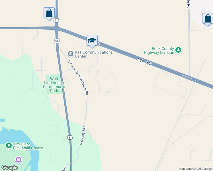 map of restaurants, bars, coffee shops, grocery stores, and more near Unnamed Road in Janesville