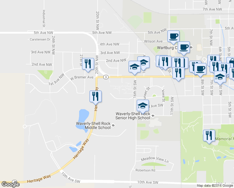 map of restaurants, bars, coffee shops, grocery stores, and more near 106 16th Street Southwest in Waverly