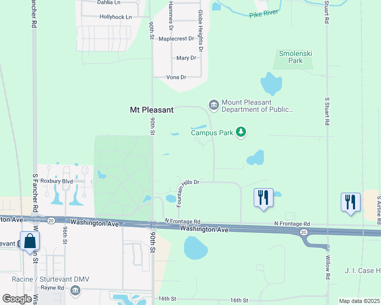 map of restaurants, bars, coffee shops, grocery stores, and more near 8501 Campus Drive in Mount Pleasant