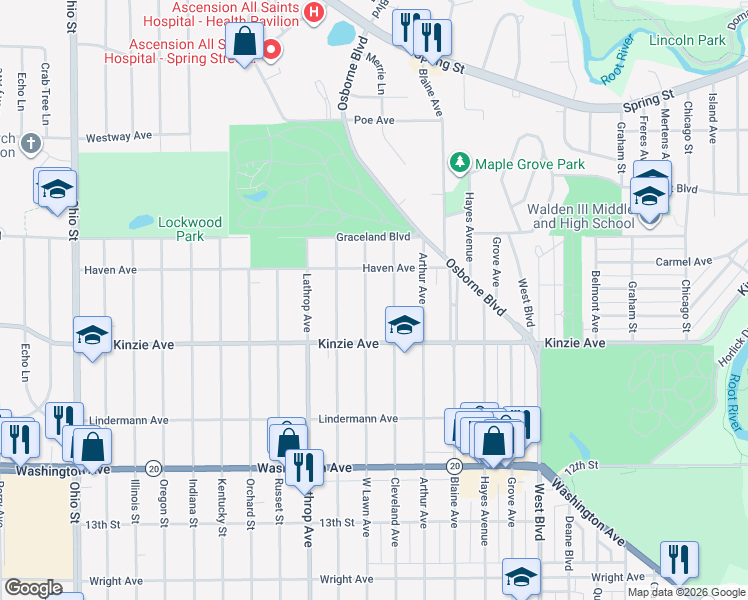 map of restaurants, bars, coffee shops, grocery stores, and more near 713 West Lawn Avenue in Racine