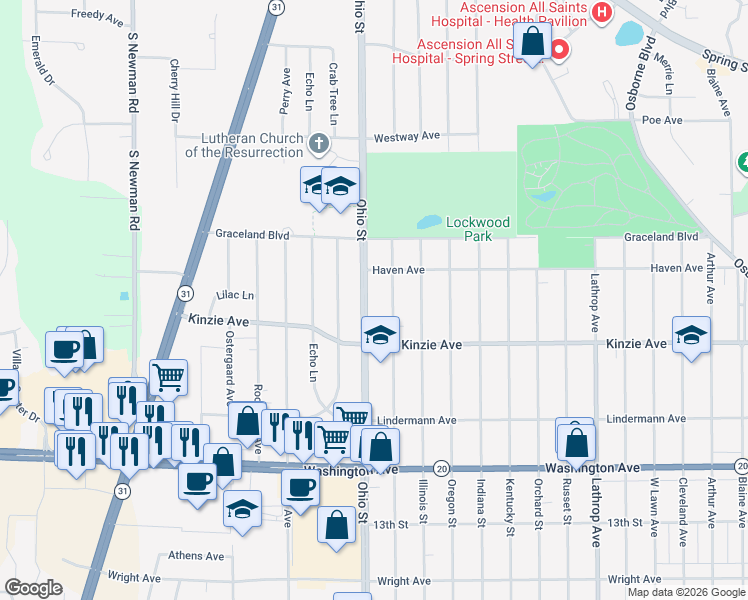 map of restaurants, bars, coffee shops, grocery stores, and more near 707 Ohio Street in Racine