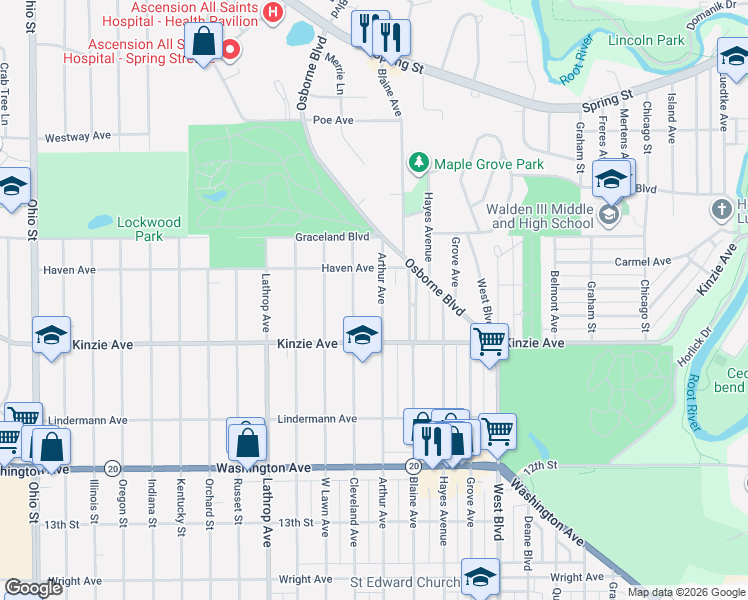 map of restaurants, bars, coffee shops, grocery stores, and more near 715 Cleveland Avenue in Racine