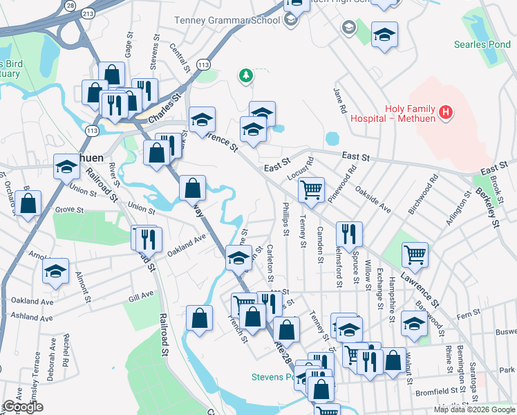 map of restaurants, bars, coffee shops, grocery stores, and more near 96 Brown Street in Methuen