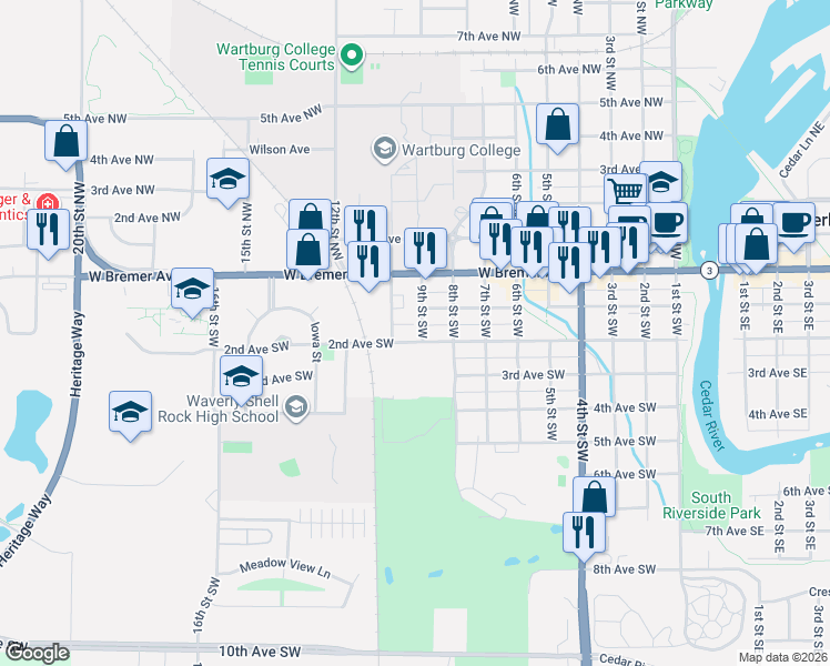 map of restaurants, bars, coffee shops, grocery stores, and more near 912 2nd Ave SW in Waverly