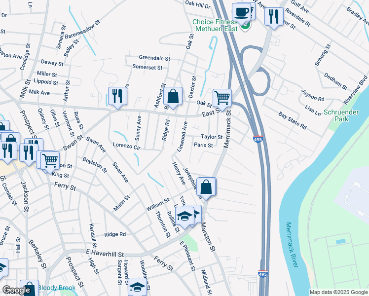 map of restaurants, bars, coffee shops, grocery stores, and more near 11 Buco Avenue in Methuen