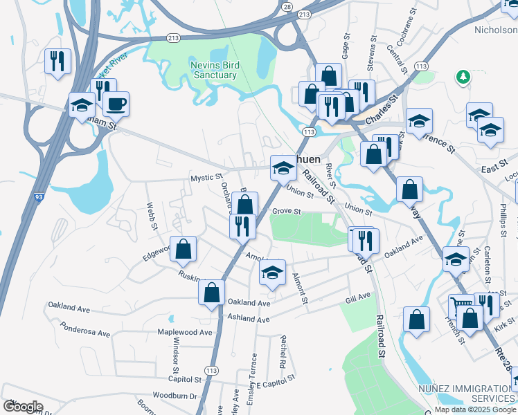 map of restaurants, bars, coffee shops, grocery stores, and more near 55 Lowell Street in Methuen