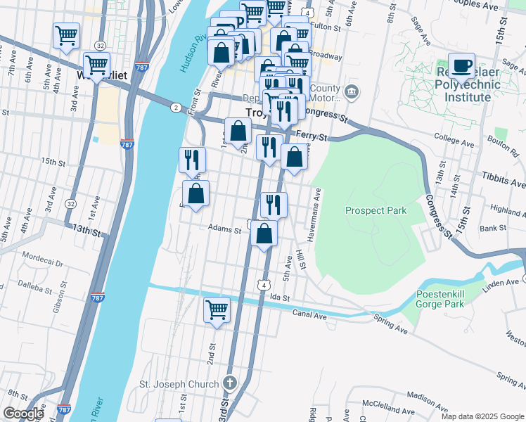 map of restaurants, bars, coffee shops, grocery stores, and more near 254 Washington Street in Troy