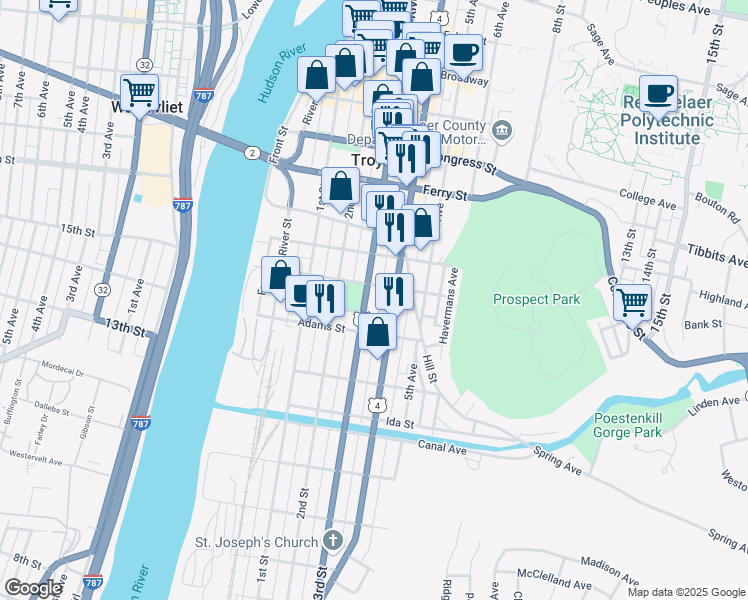 map of restaurants, bars, coffee shops, grocery stores, and more near 254 Washington Street in Troy
