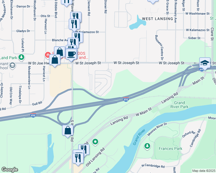 map of restaurants, bars, coffee shops, grocery stores, and more near 733-927 Valley Ho Drive in Lansing
